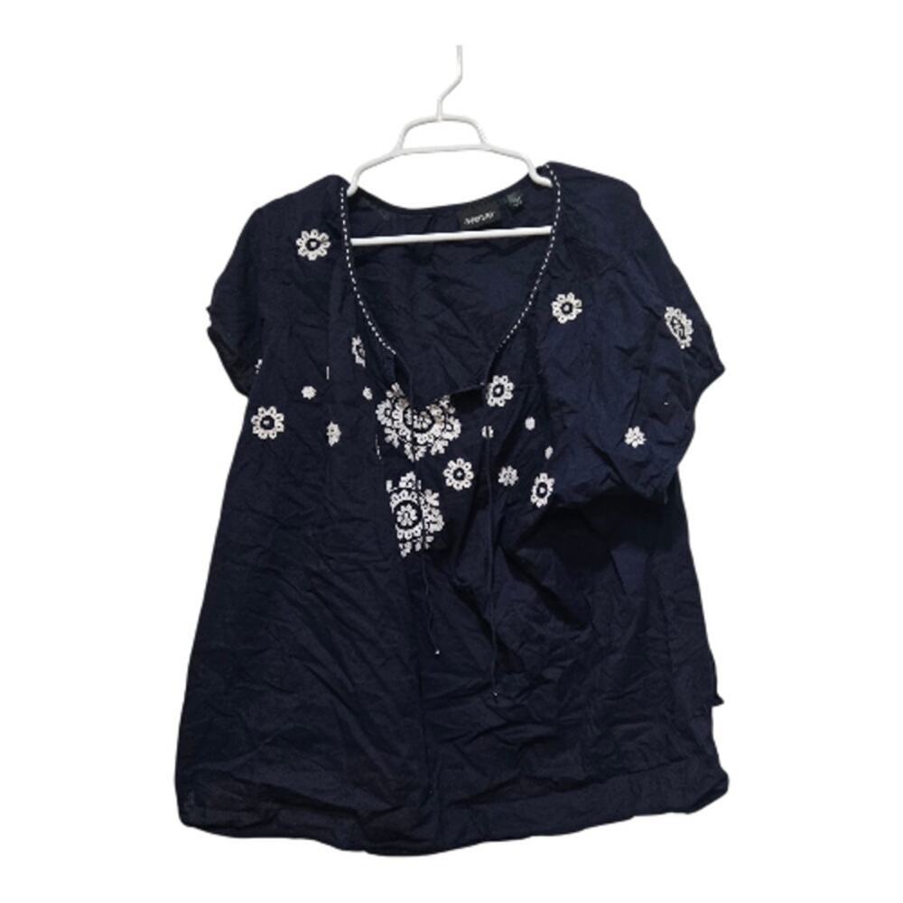 Avenue Navy Embroidered Boho Blouse Short Sleeve Women’s Plus Size 30/32